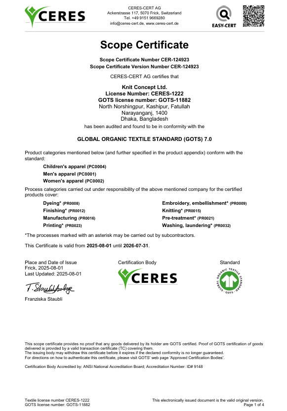 GOTS 7.0 Scope Certificate certificate