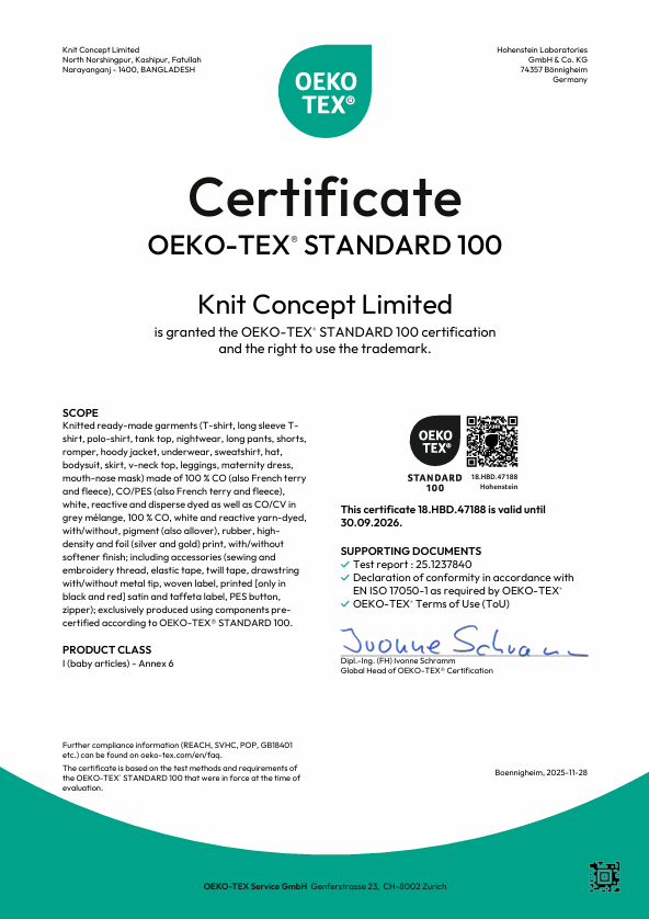 OEKO-TEX® STANDARD 100 certificate